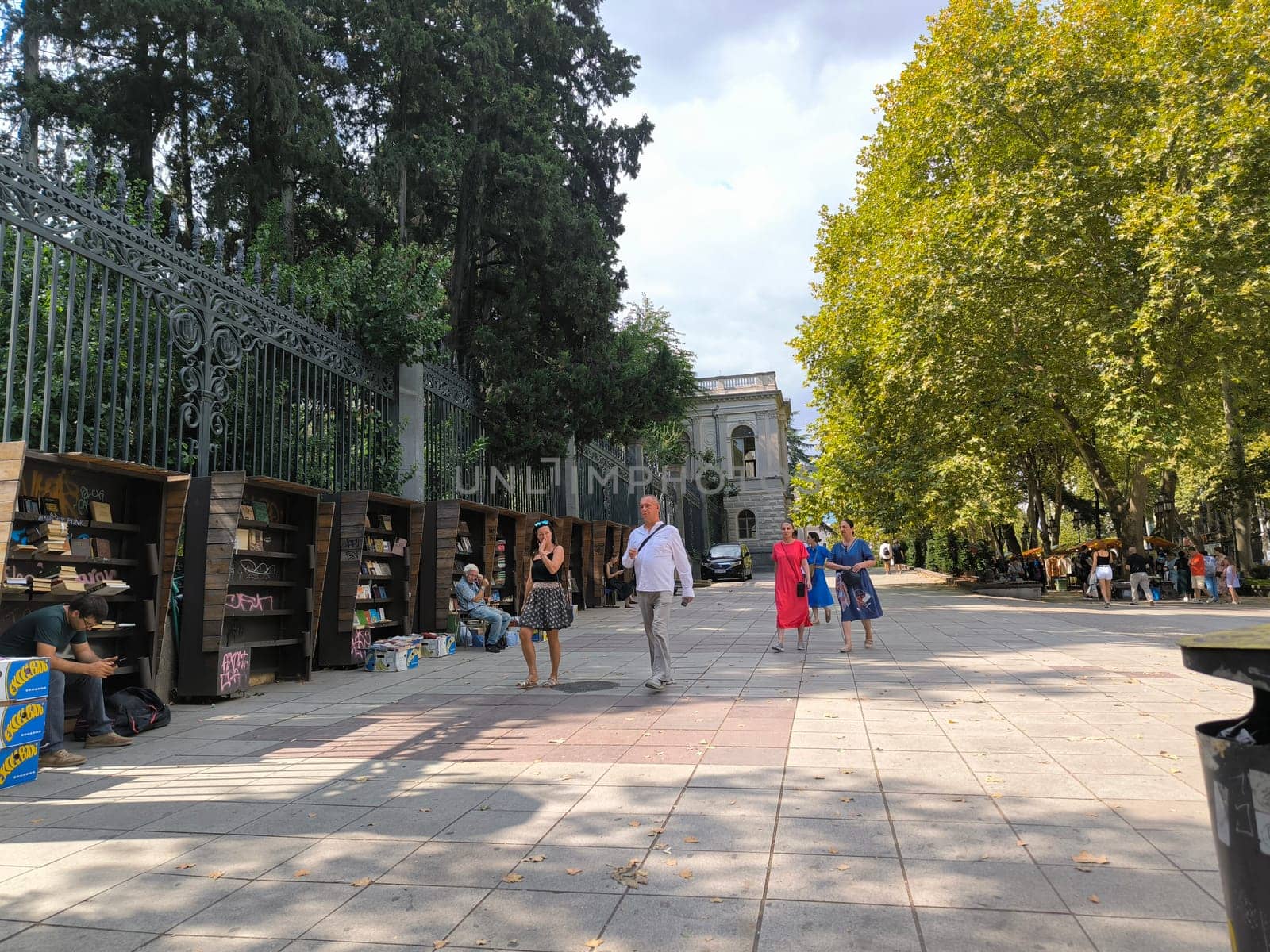 18 August 2024 Tbilisi Georgia, books in Georgian on display, open street sale, shelves objects training education street sales, people travel summer green trees.High quality photo