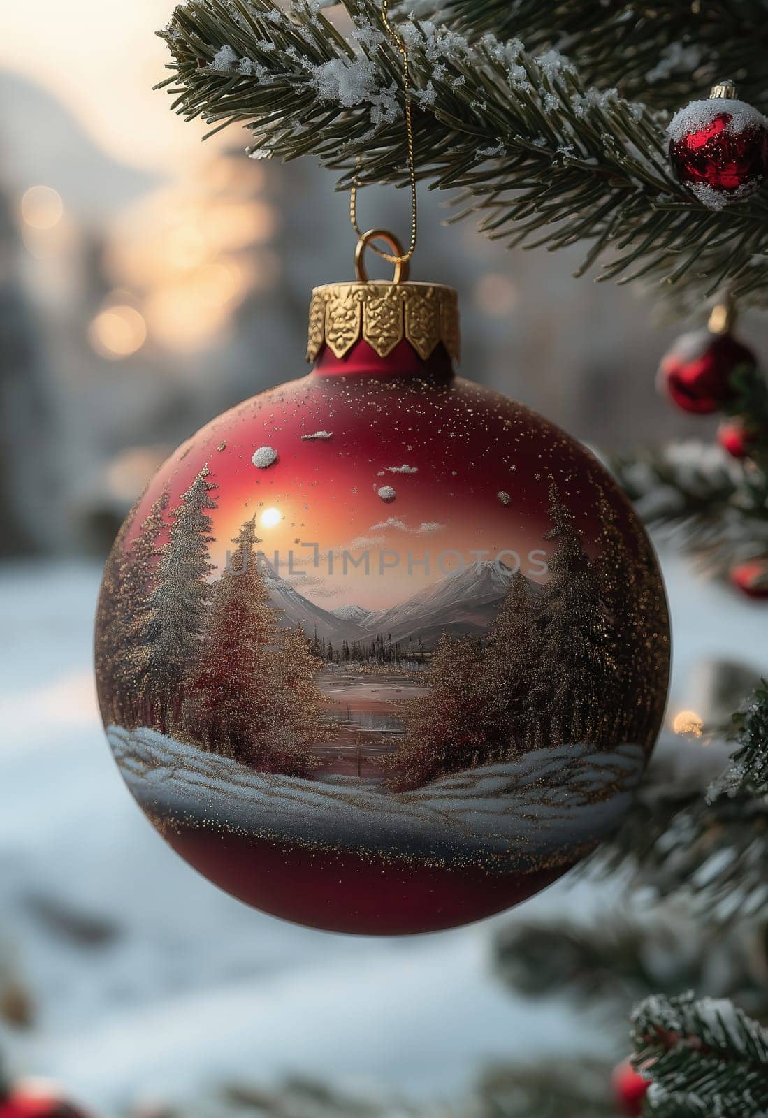 A red Christmas ball with a snow landscape on a Christmas tree. Selective focus.