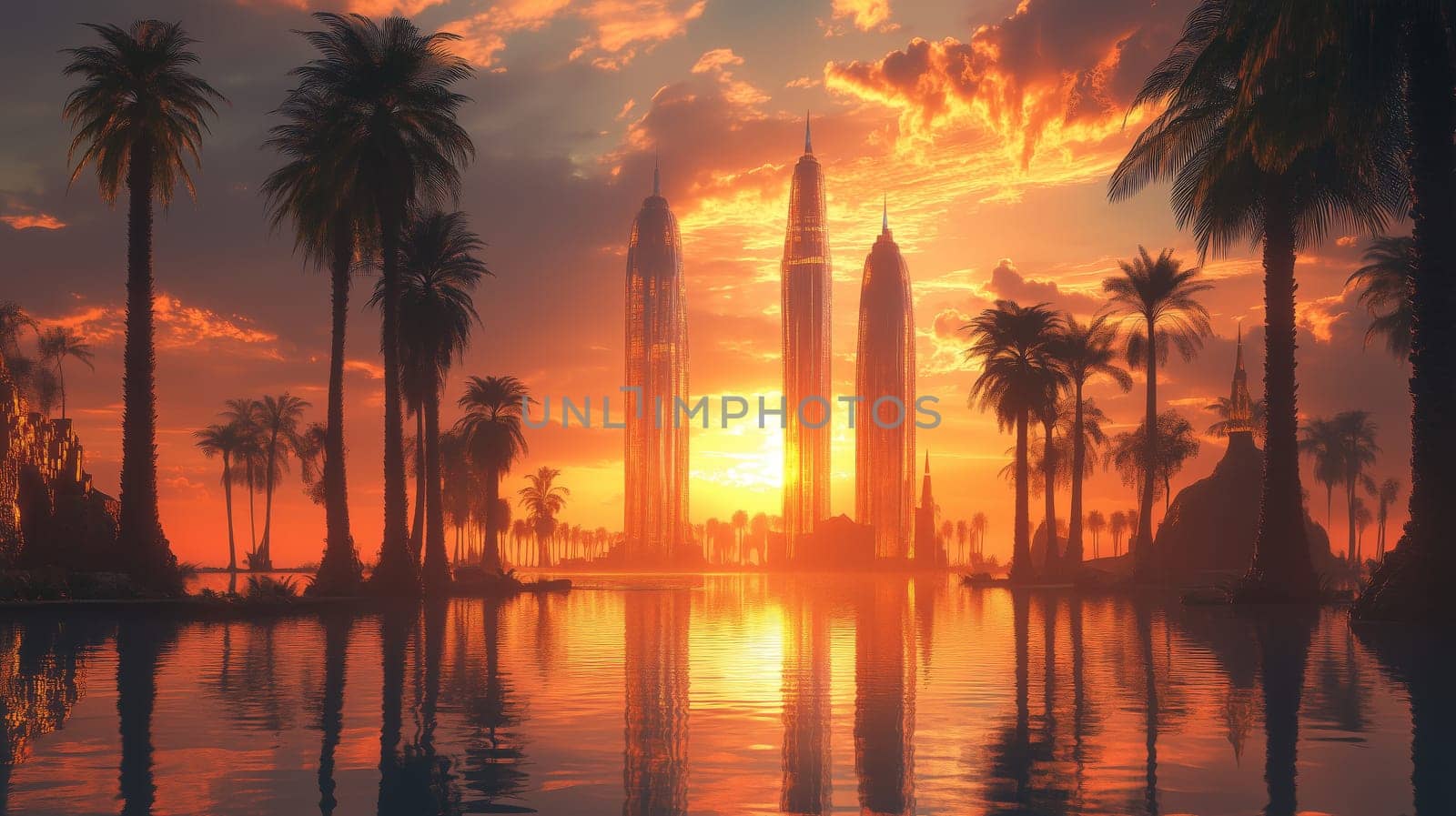 A tranquil sunset view with tall palm trees, reflective water, and futuristic skyscrapers glowing in warm light, creating a serene and futuristic landscape.