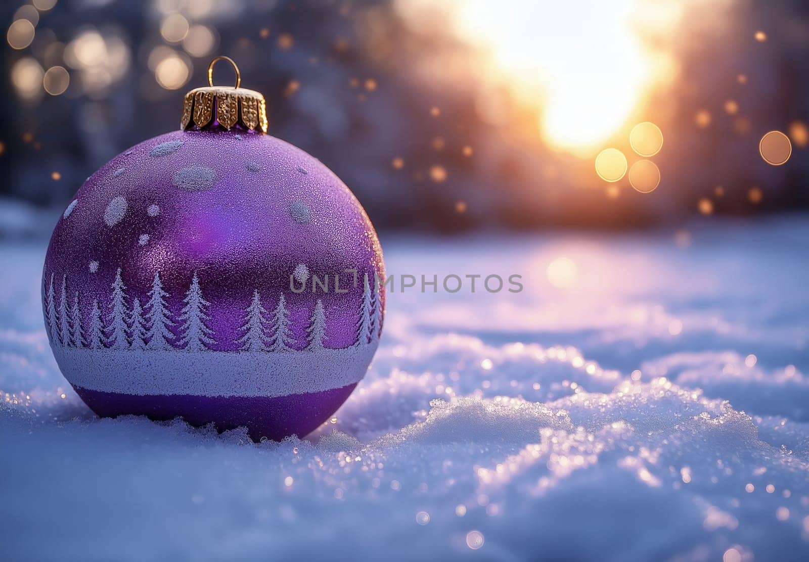 A lilac Christmas ball with a snowy landscape on the snow. Selective focus.