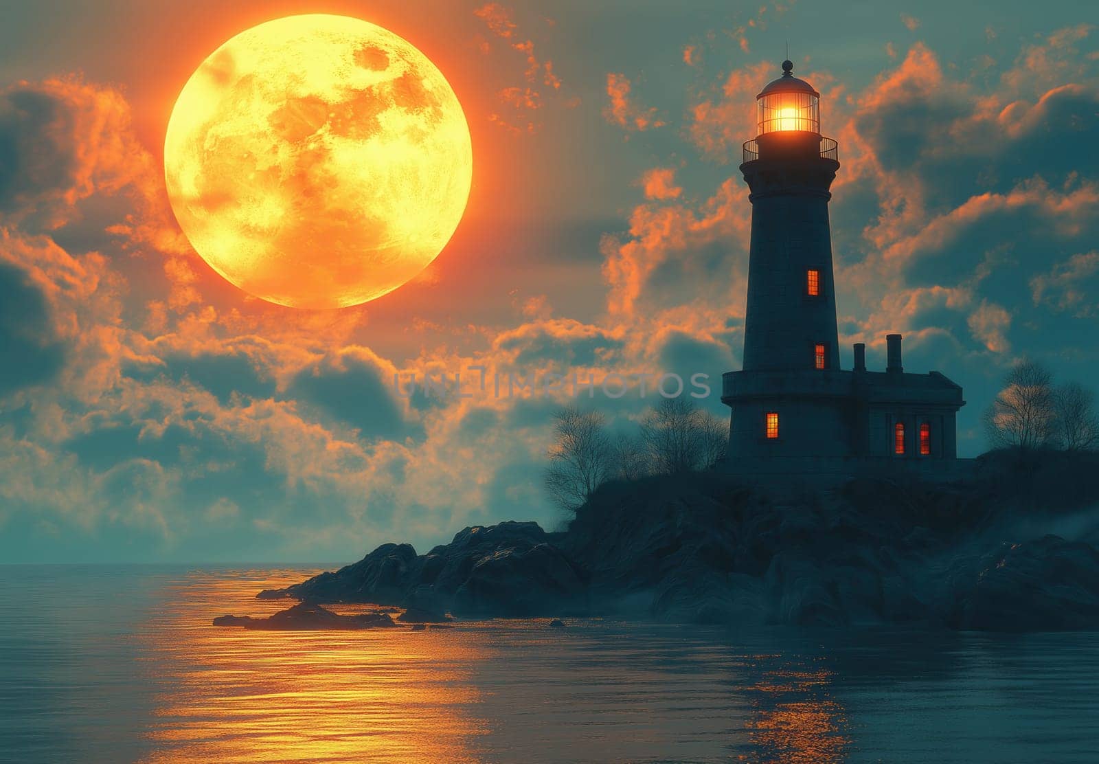 Illustration, lighthouse on a rocky island on a cloudy day. Selective focus.