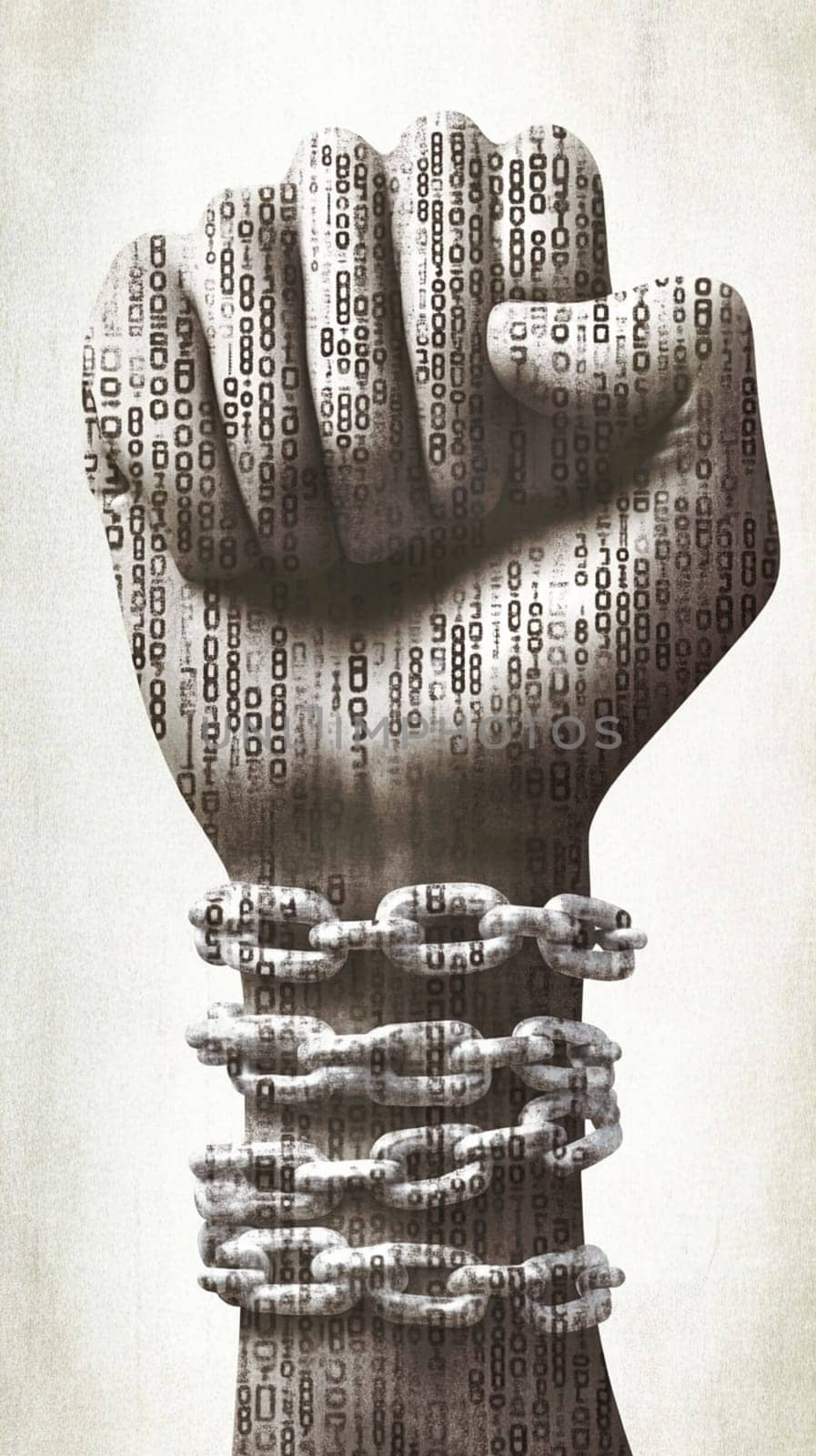 Powerful fist, adorned with intricate patterns, is breaking free from heavy chains, symbolizing the struggle for freedom and equality
