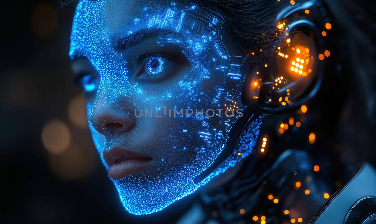 A futuristic intelligent woman with glowing blue circuits. Selective focus.