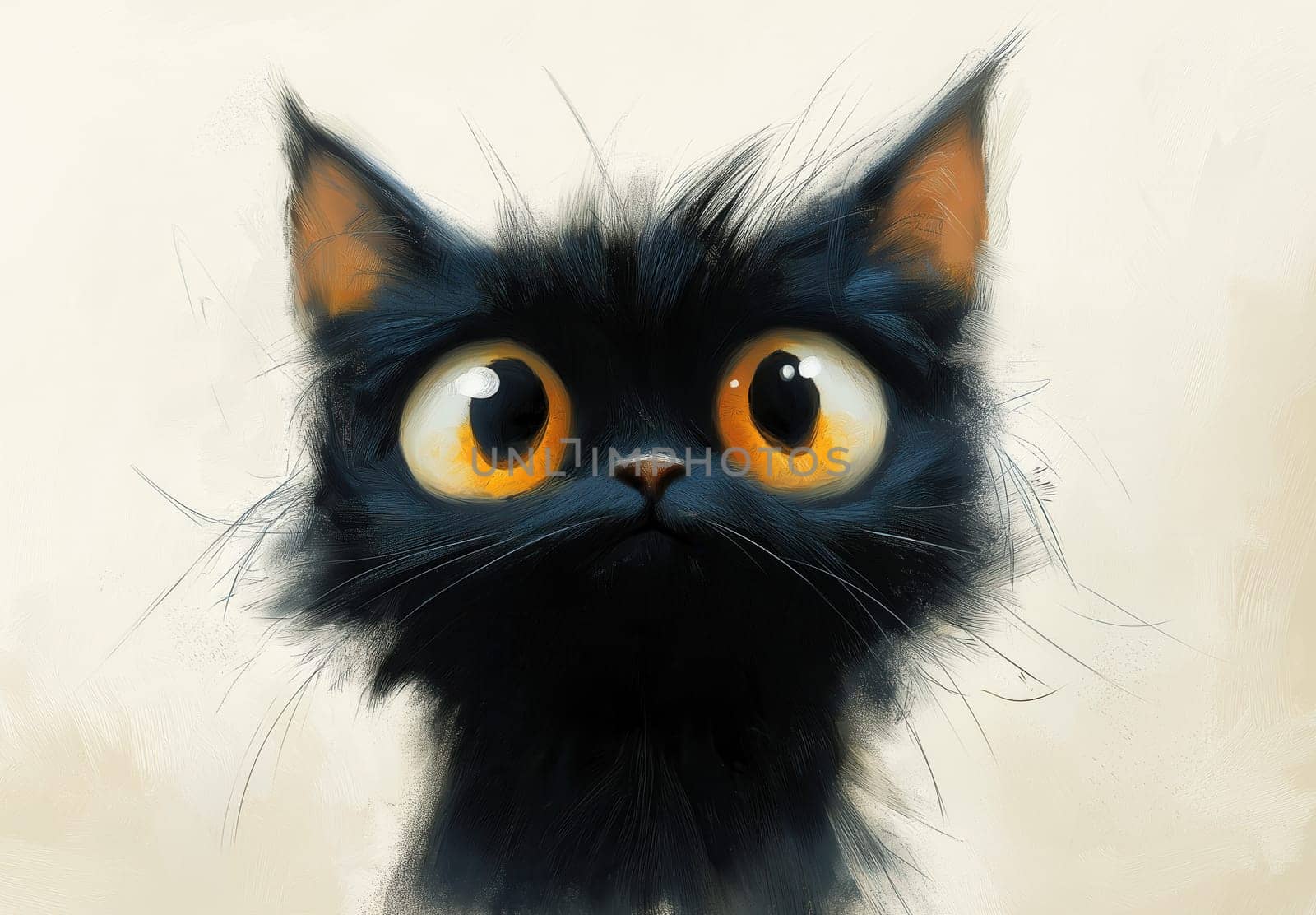 Illustration of a sitting black cat on a white background. Selective focus.