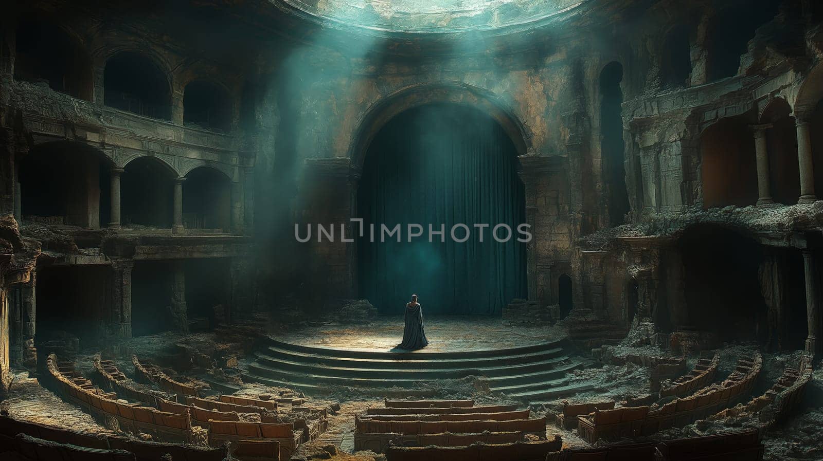 A mysterious lone figure in a cloak stands on the stage of an ancient, decayed theater, illuminated by ethereal beams of light.