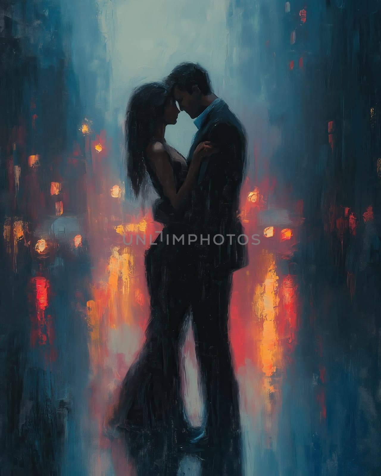 Painting of a man and woman dancing tango on a city street at night. Selective focus.