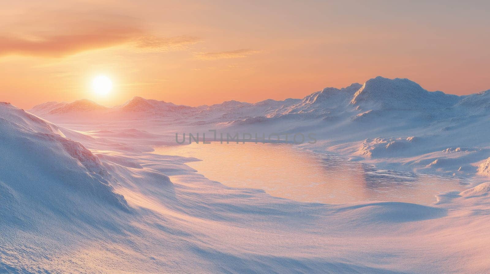 A breathtaking sunrise illuminating icy mountains and a reflective frozen lake, creating a serene and tranquil winter scene.