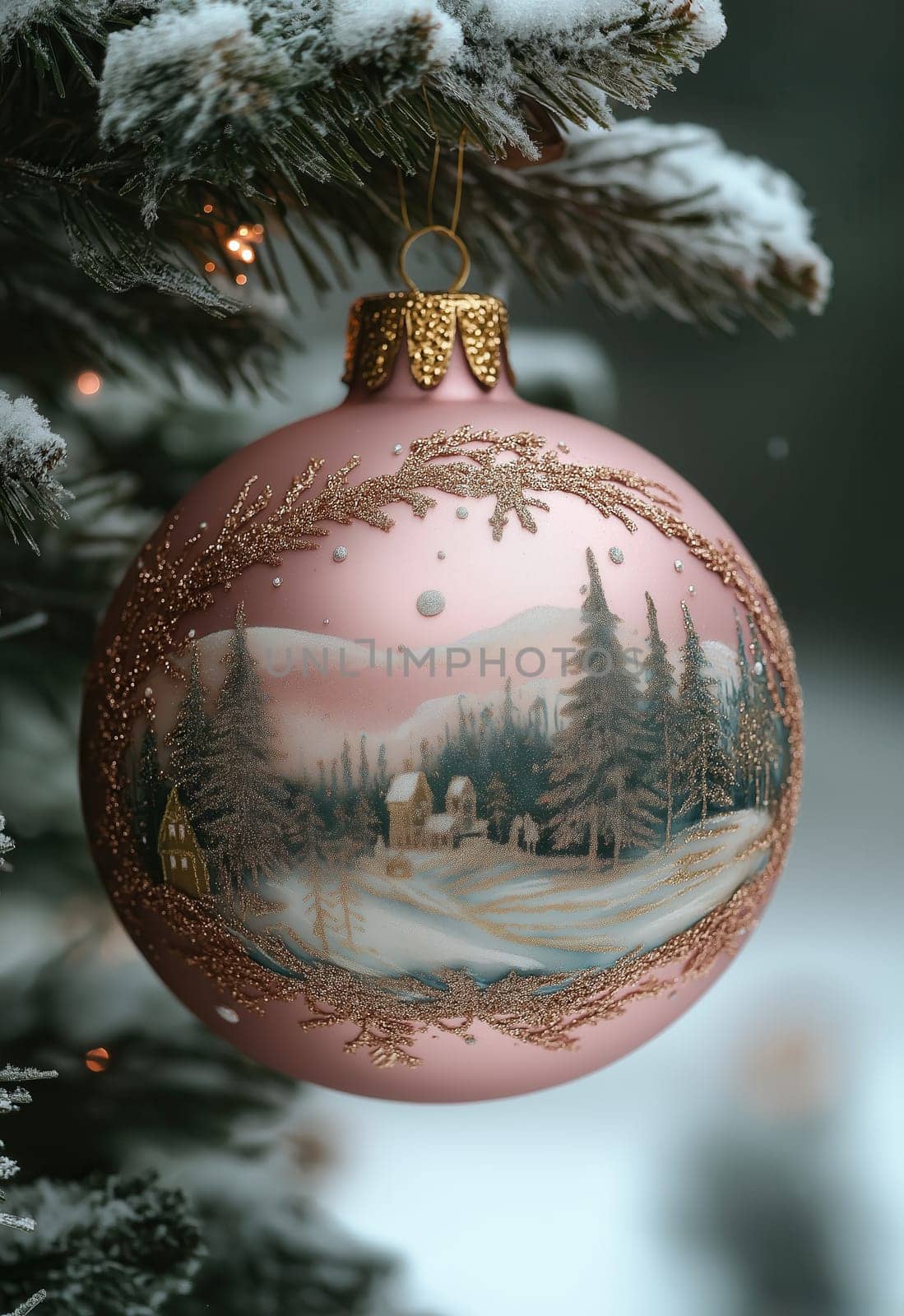 A pink Christmas ball with a snow landscape on a Christmas tree. Selective focus.