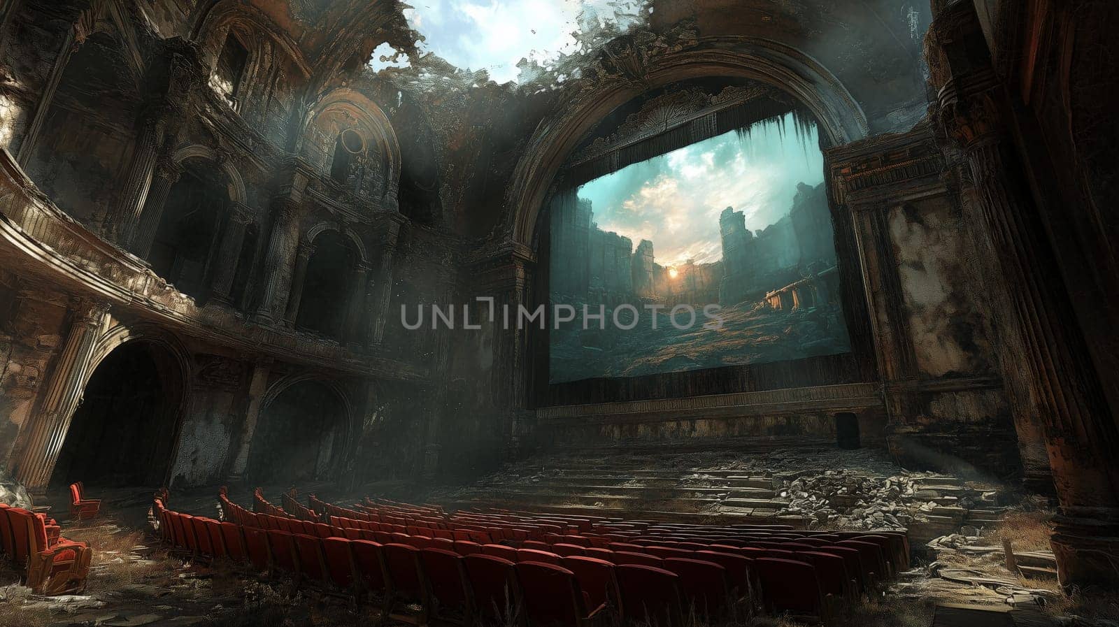 A decayed theater with red seats and a damaged ceiling, featuring a glowing screen projecting a scenic ruin landscape at sunset.