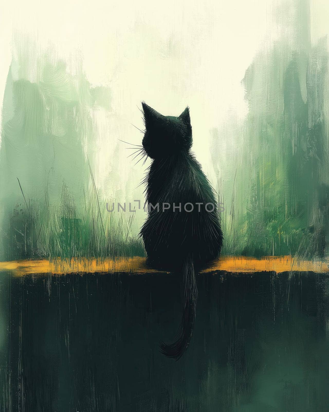 Illustration of a sitting black cat on an abstract background. Selective focus.