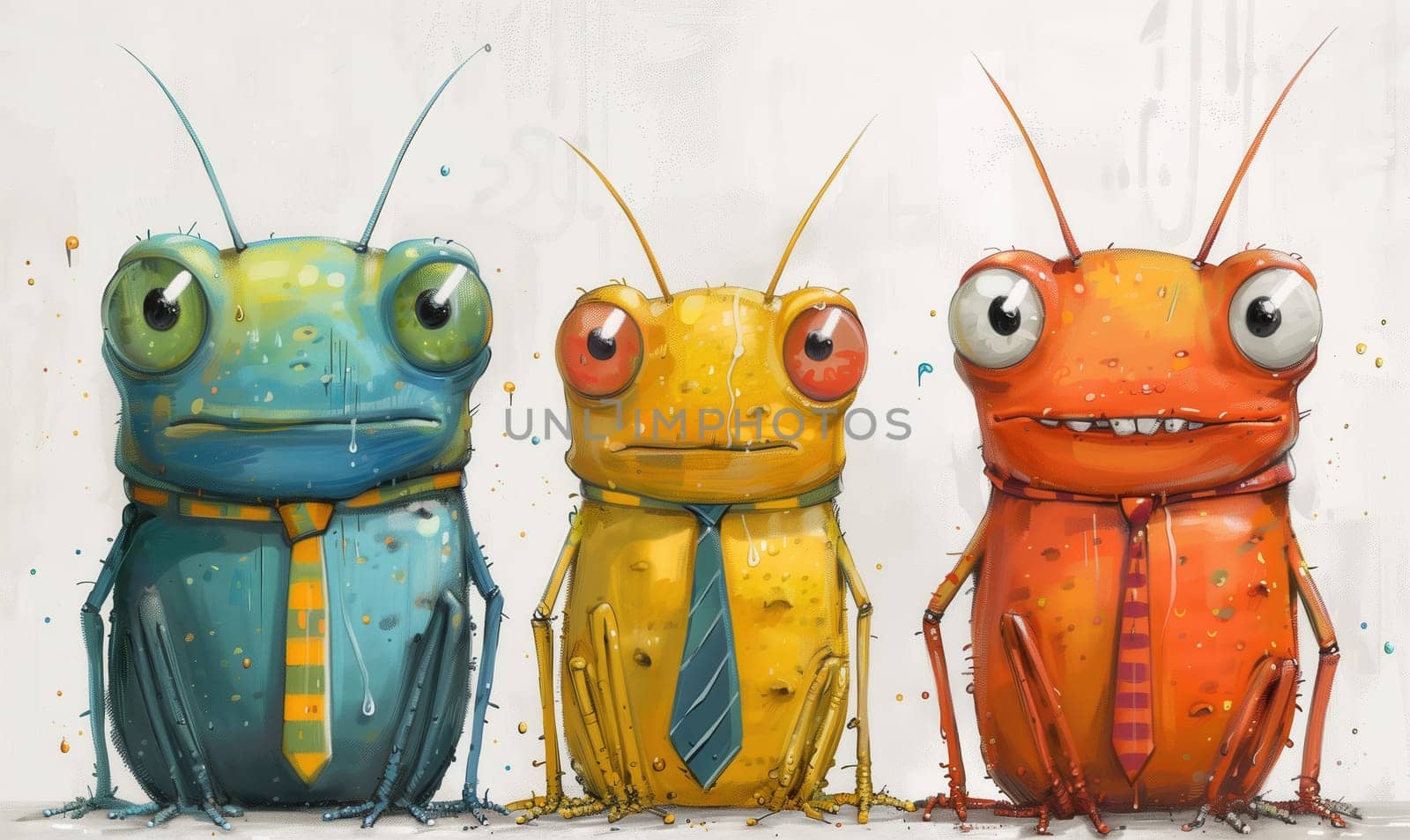 Cartoon characters with anxious facial expressions in ties. Selective focus.