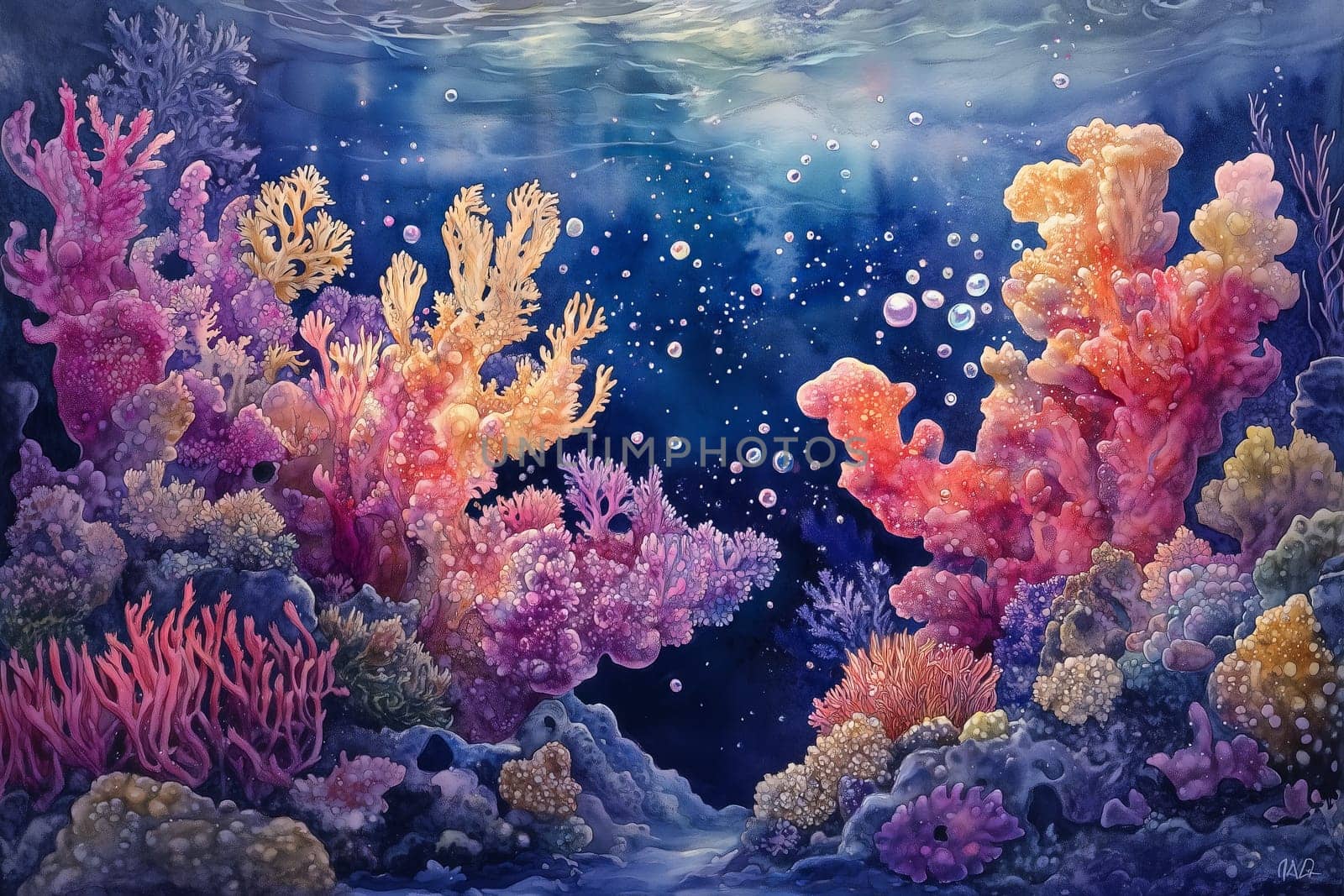Vibrant corals grow in intricate, treasure-like shapes, shimmering with colorful hues, creating an otherworldly underwater scene.