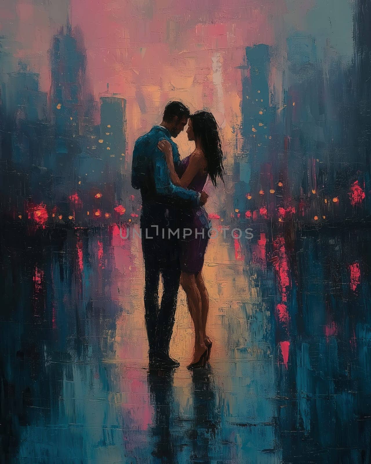 Painting of a man and woman dancing tango on a city street at night. Selective focus.