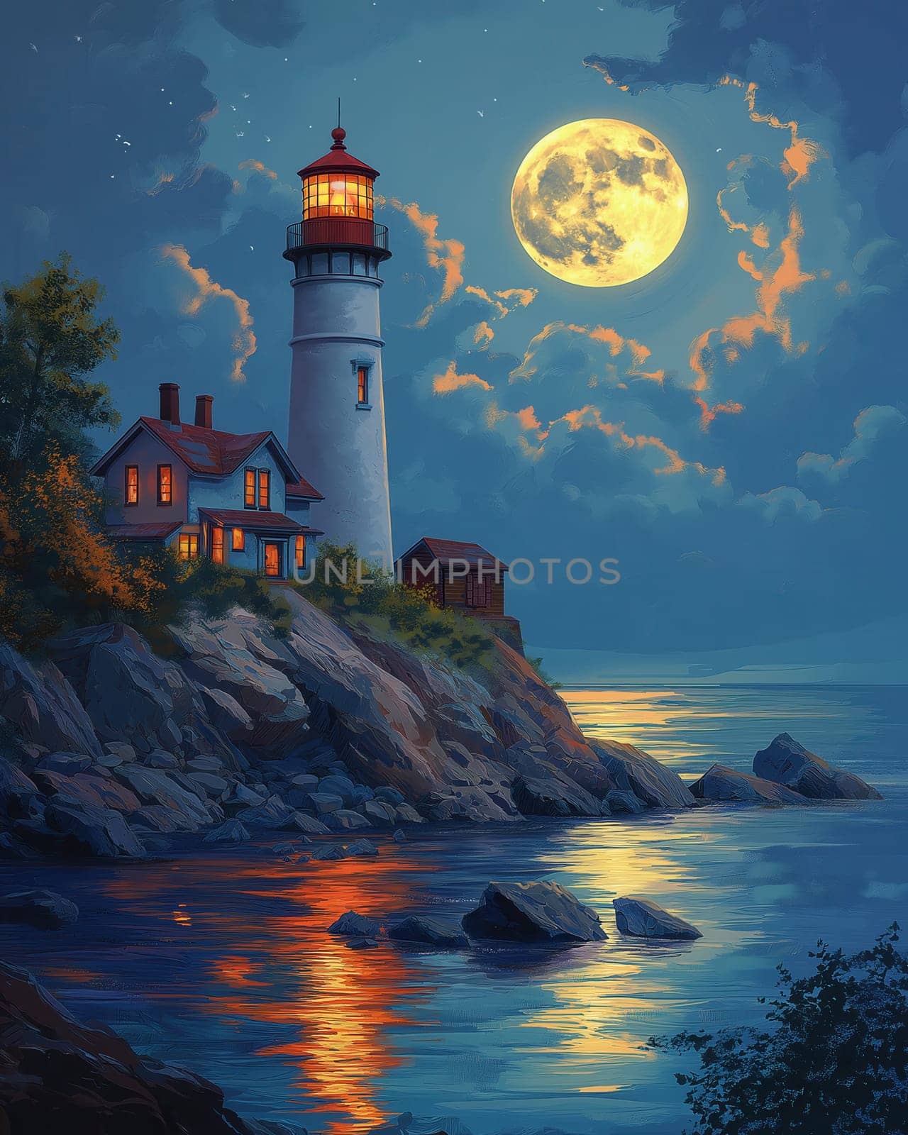 Illustration, lighthouse on a rocky island under a full moon. Selective focus.