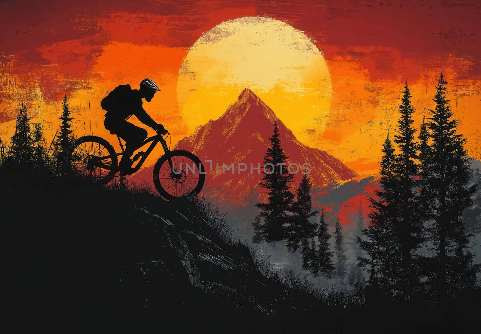 Illustration of rider on mountain bike. Selective focus.