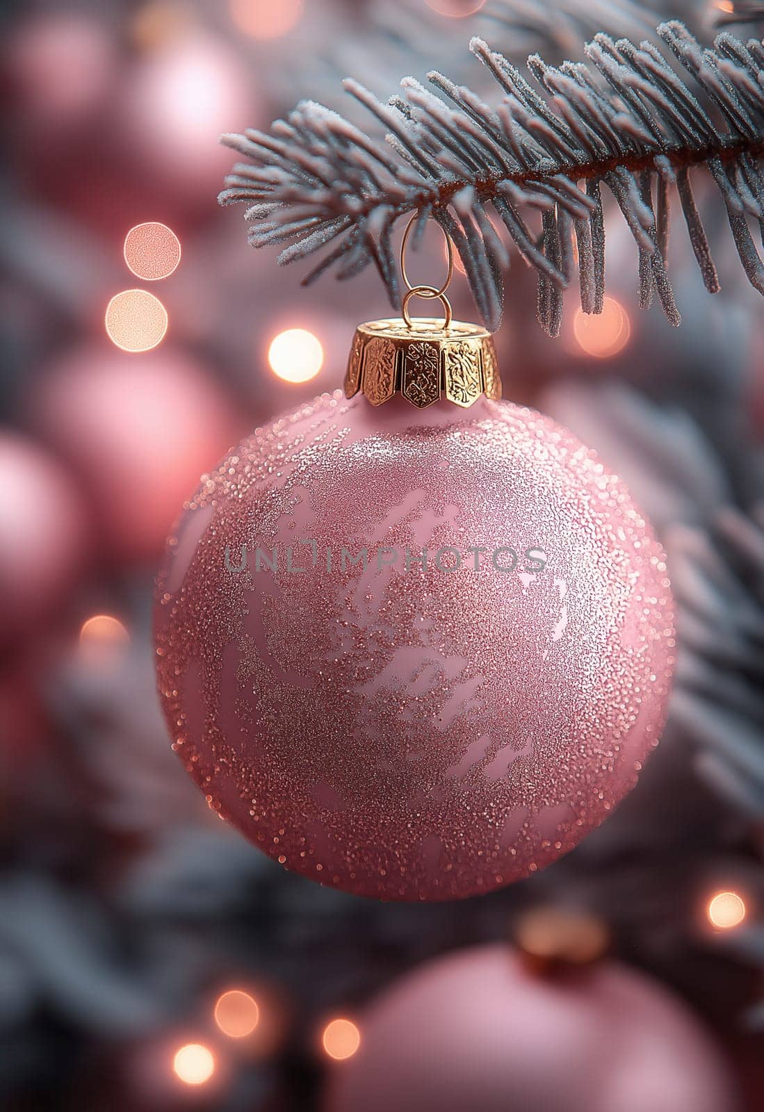 Pink Christmas tree ball on a branch. Selective focus.