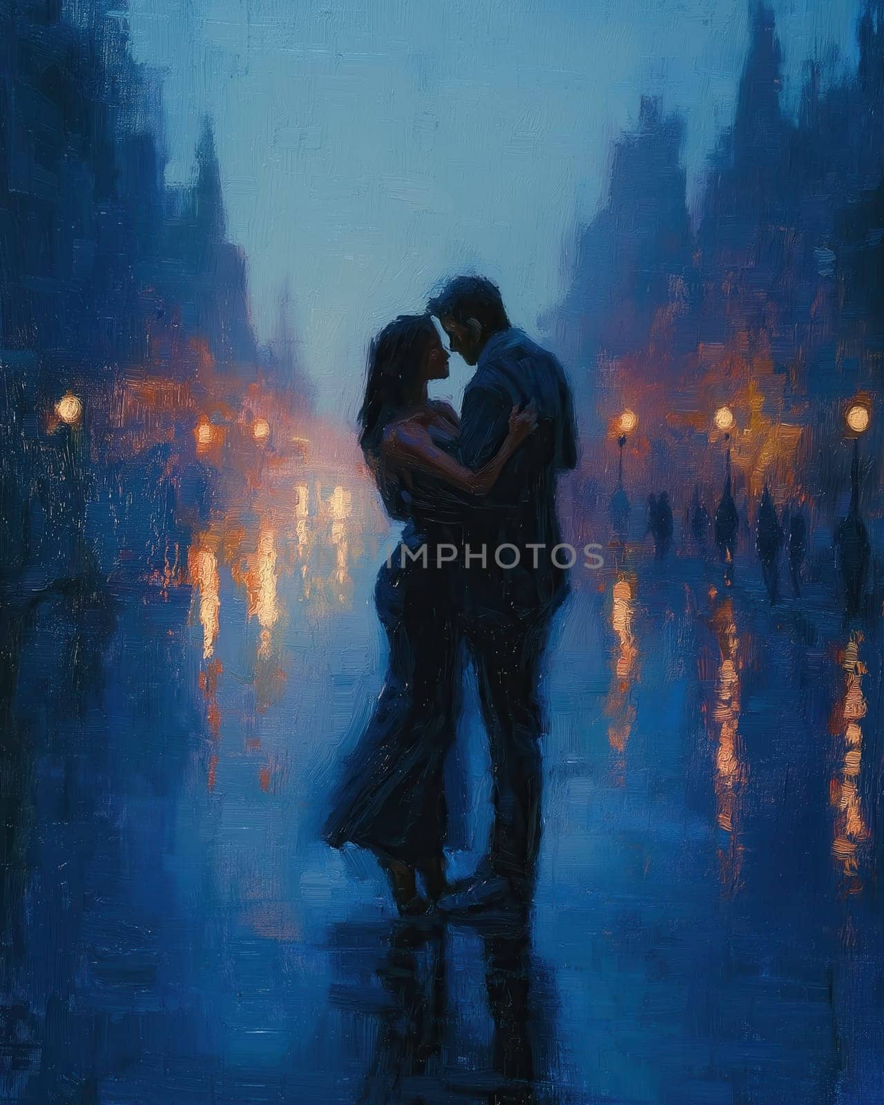 Painting of a man and woman dancing tango on a city street at night. Selective focus.