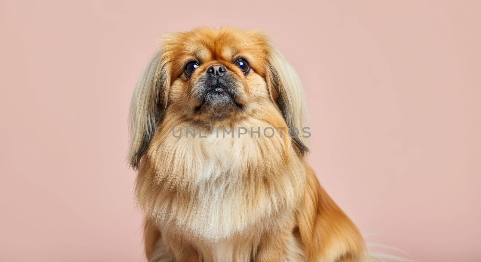 Pekingese dog with a fluffy caramel coat poses against a soft pink background. the dog's curious expression and well-groomed fur highlight its playful and elegant nature, perfect for pet-themed designs.