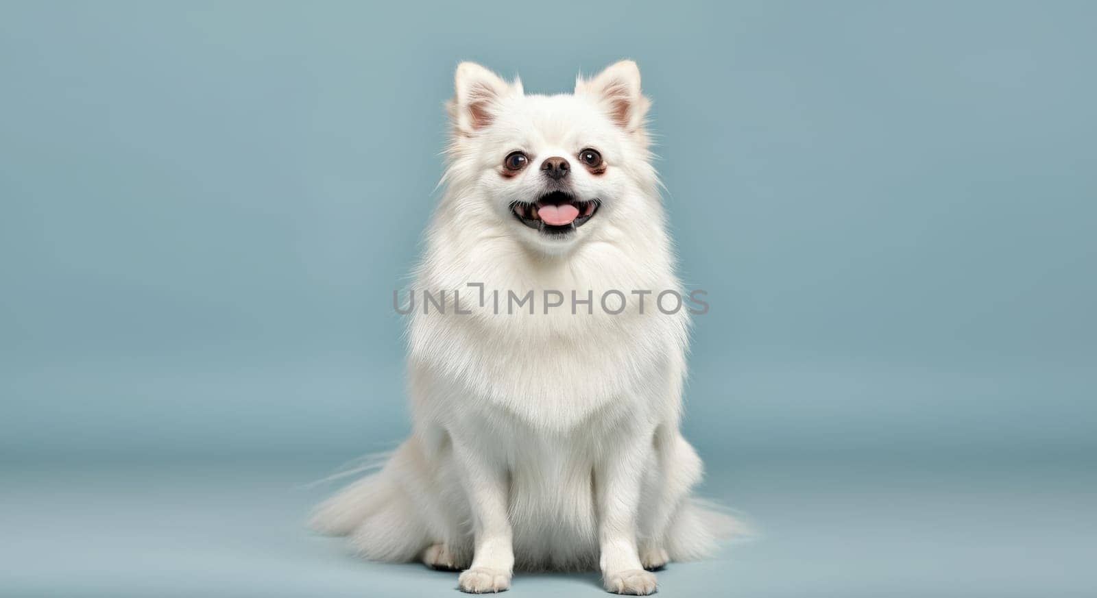 A cheerful white dog with fluffy fur and a joyful expression sits against a calming blue backdrop. the setting emphasizes themes of companionship, happiness, and pet care, capturing the essence of a beloved canine friend.