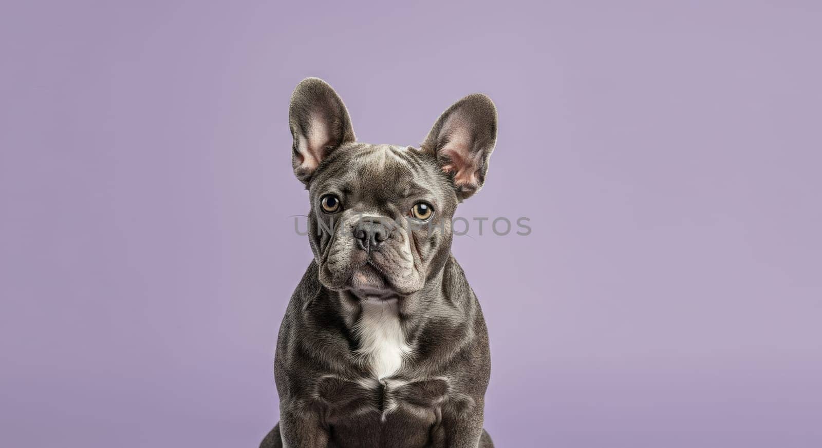 A french bulldog with striking large ears, sitting against a soft pastel purple backdrop. the dog's attentive expression and unique features are highlighted, offering a captivating and playful visual focus.