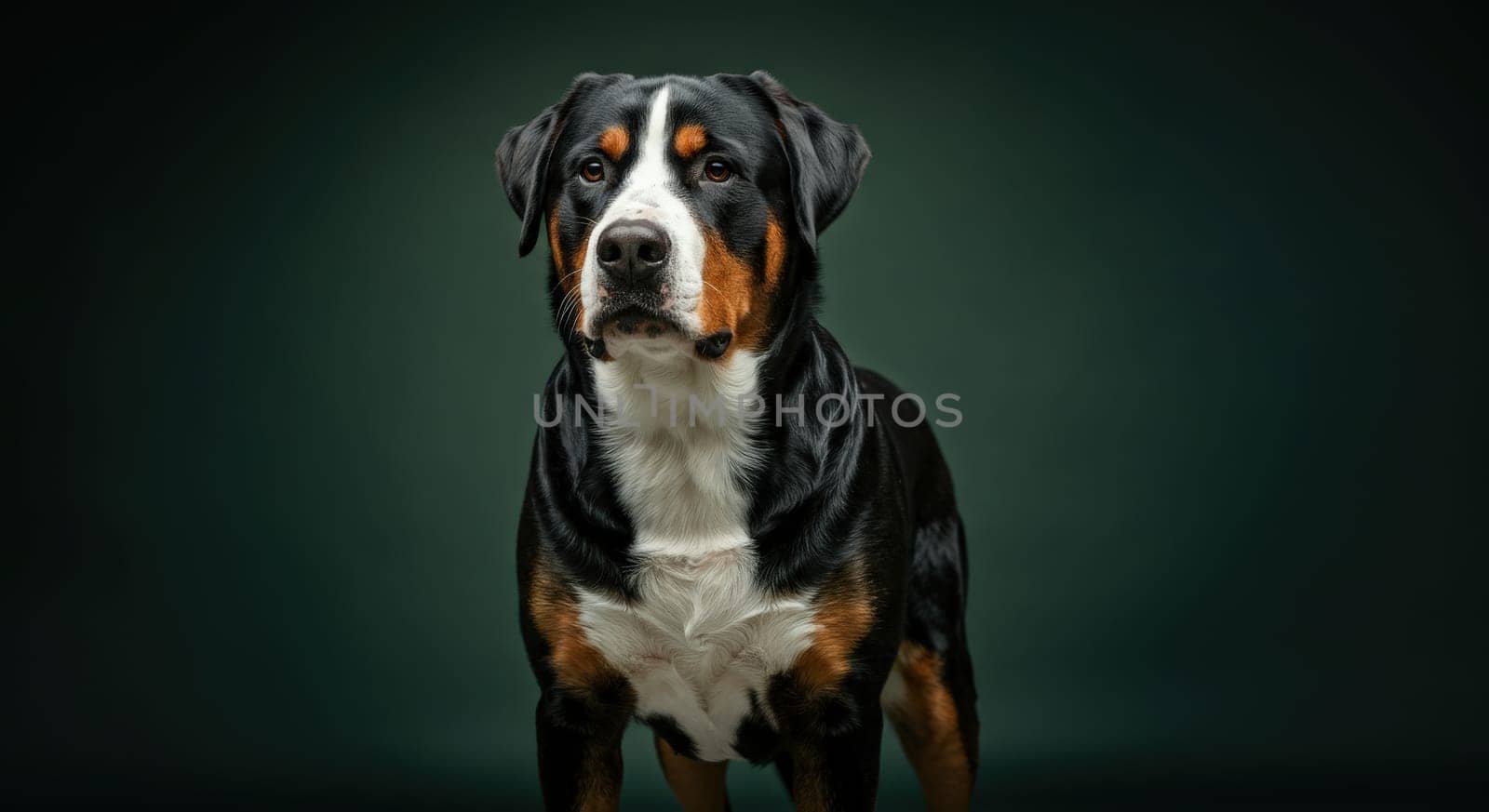 A large dog with a glossy black, white, and brown coat stands majestically against a rich, dark green backdrop. the dog's attentive gaze and poised stance convey confidence and elegance.