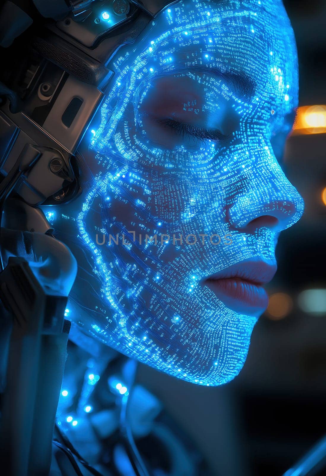 A futuristic intelligent woman with glowing blue circuits. Selective focus.