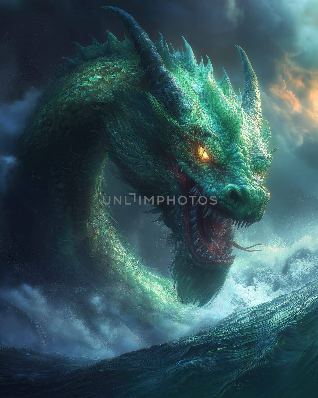 A fierce sea creature rises from the ocean. Selective focus.