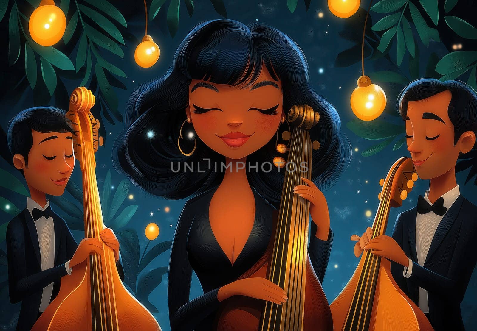 Illustration of musicians playing instruments. Selective focus.