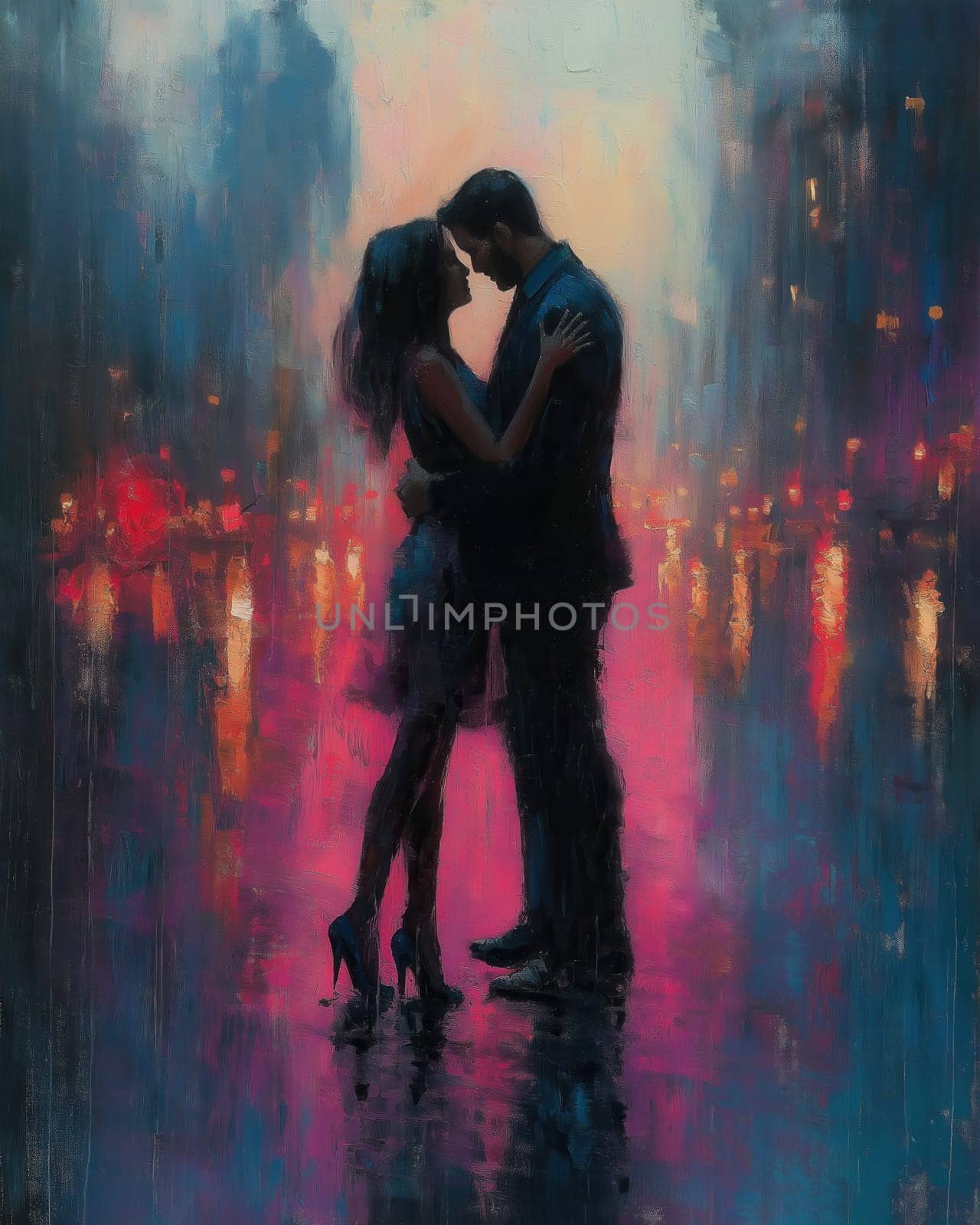 Painting of a man and woman dancing tango on a city street at night. Selective focus.