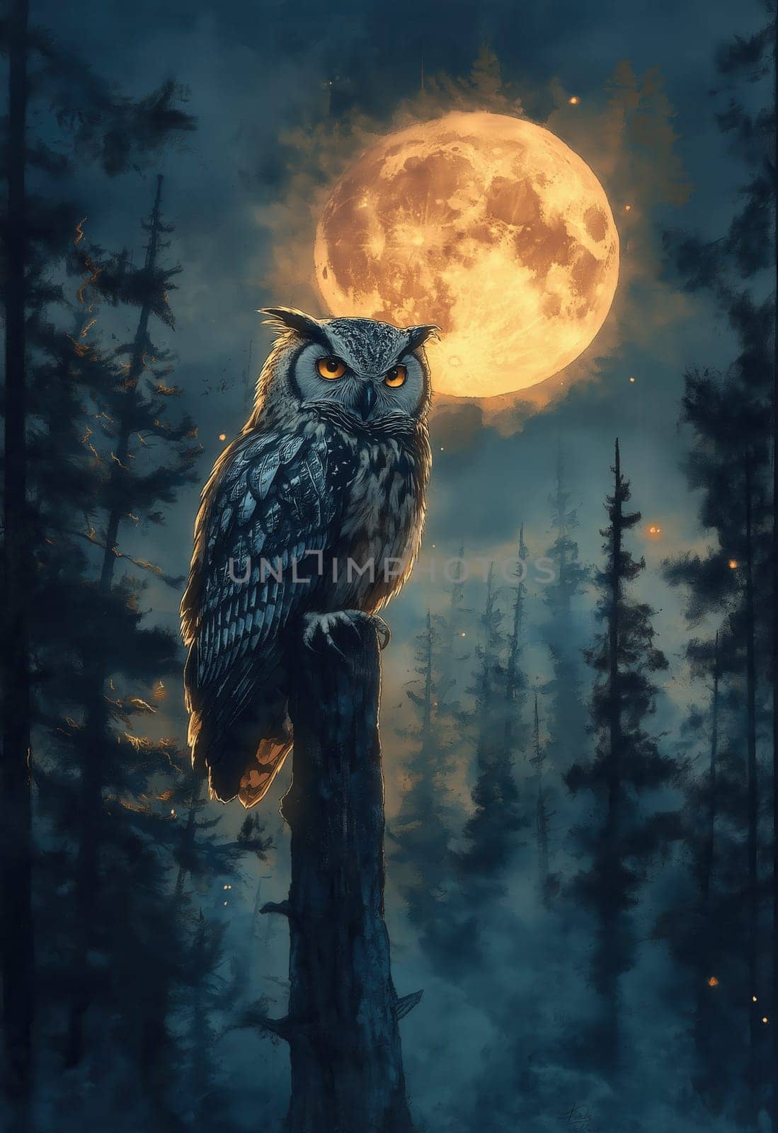 Watercolor, owl sitting under the full moon in the forest at night. Selective focus.