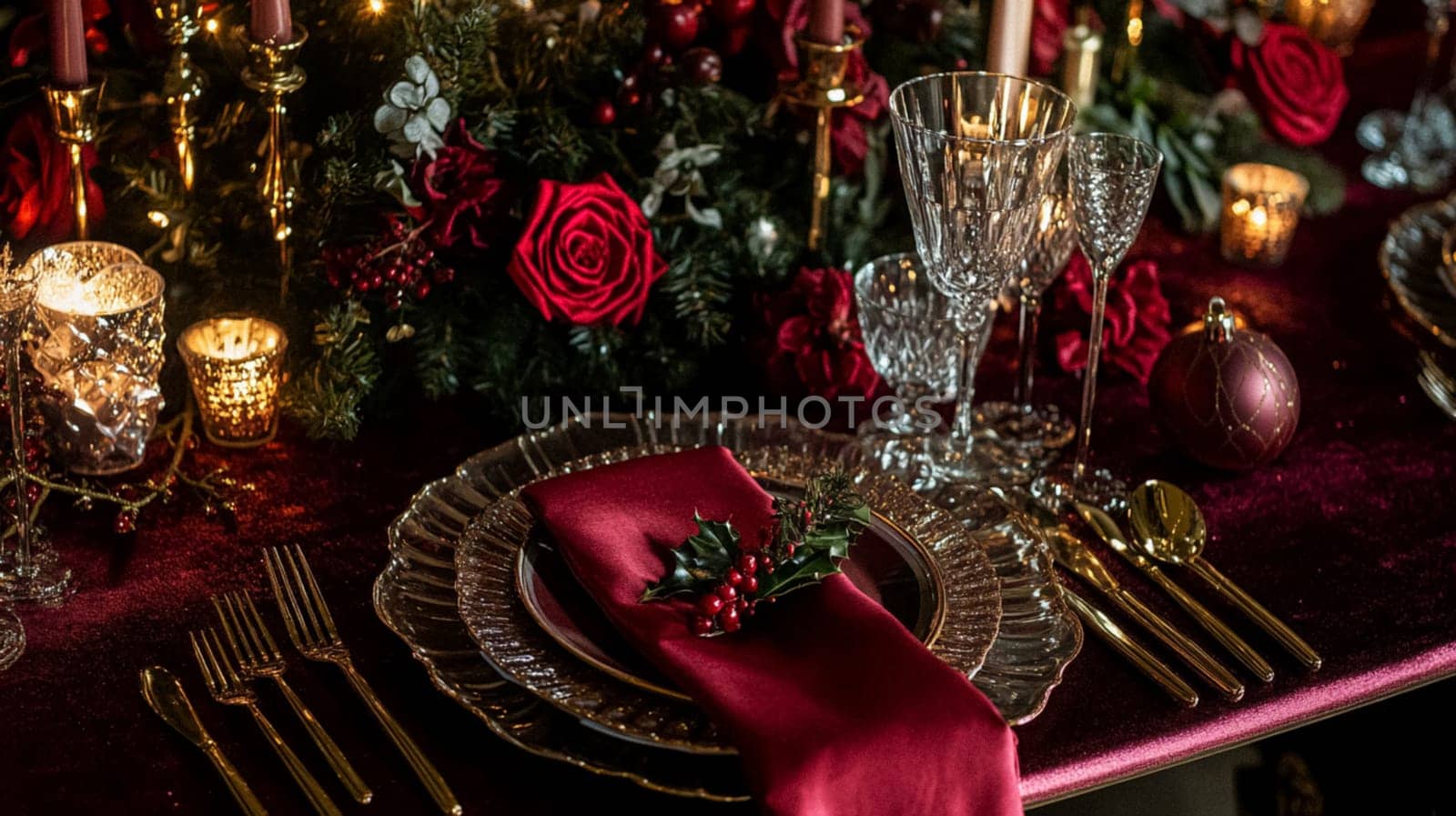 Christmas tablescape decoration, formal family dinner holiday celebration, luxury table setting decor, English country and home style idea