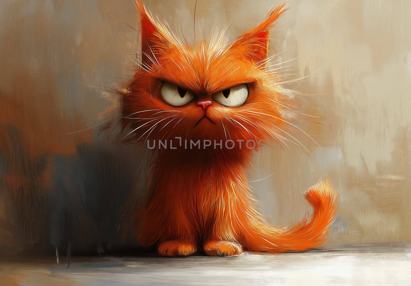 A cartoon dissatisfied ginger cat on an abstract background. Selective focus.