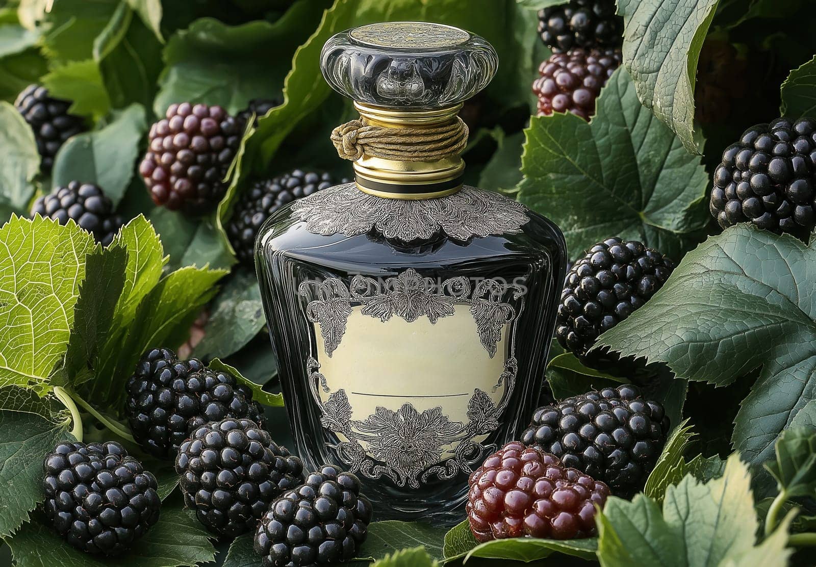 A perfume bottle surrounded by blackberries and leaves. Selective focus.