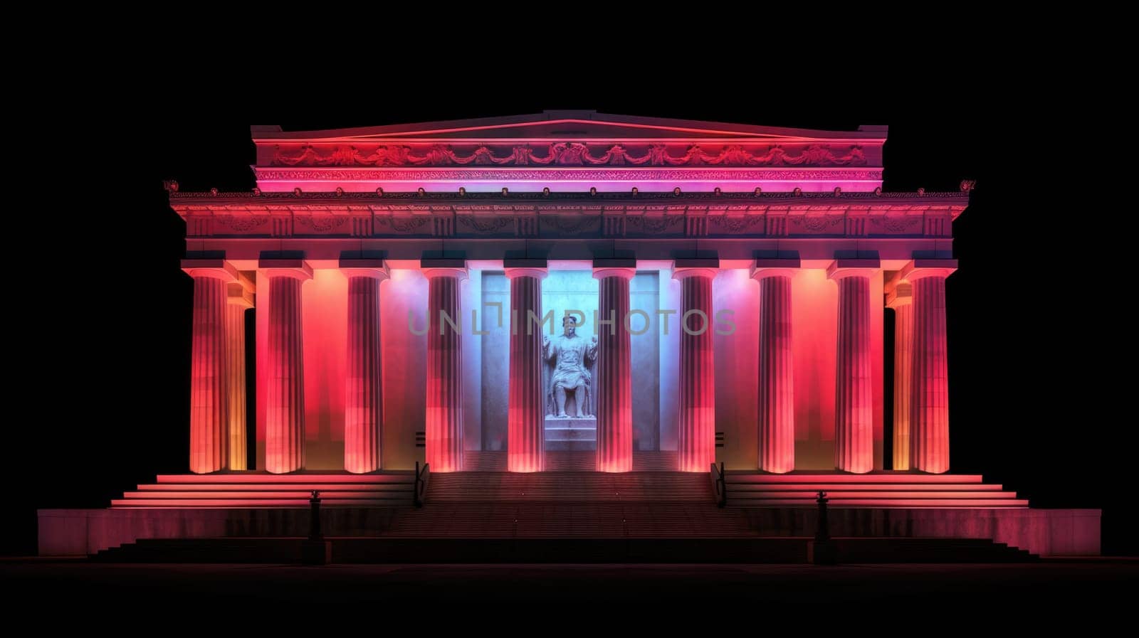 This captivating photo features a Greek temple illuminated at night, surrounded by lush greenery. Tourists and photographers are drawn to its historical beauty and grandeur.