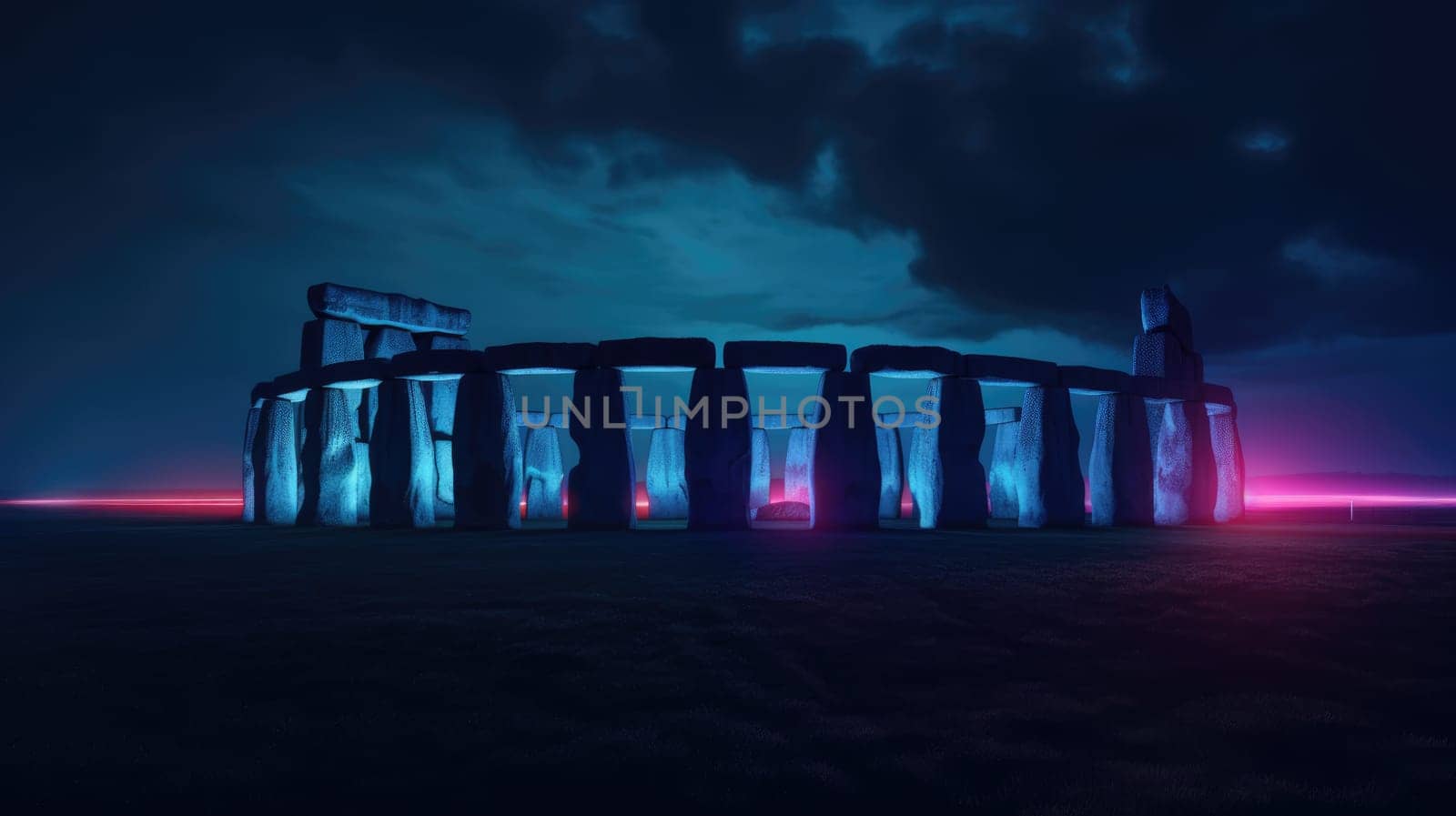 Experience the stunning night view of Stonehenge, a famous prehistoric monument in Wiltshire, England. The ancient stones are beautifully illuminated, creating an enchanting atmosphere.