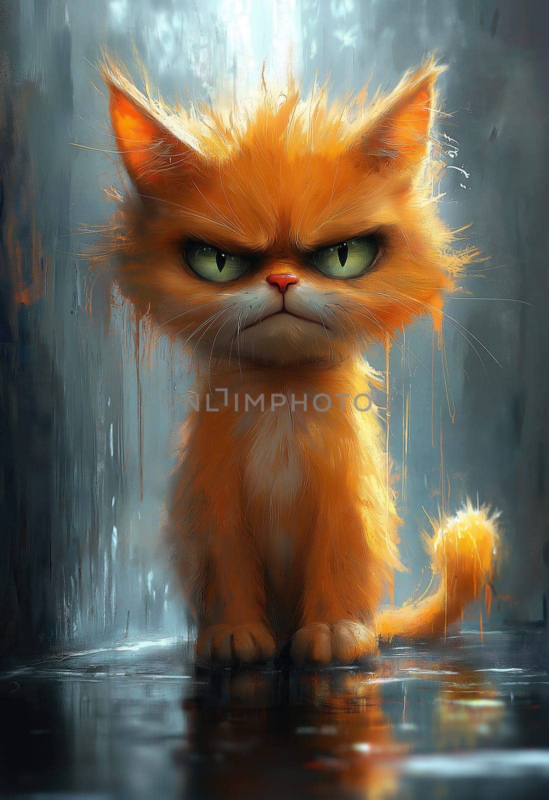 A cartoon dissatisfied ginger cat on an abstract background. Selective focus.