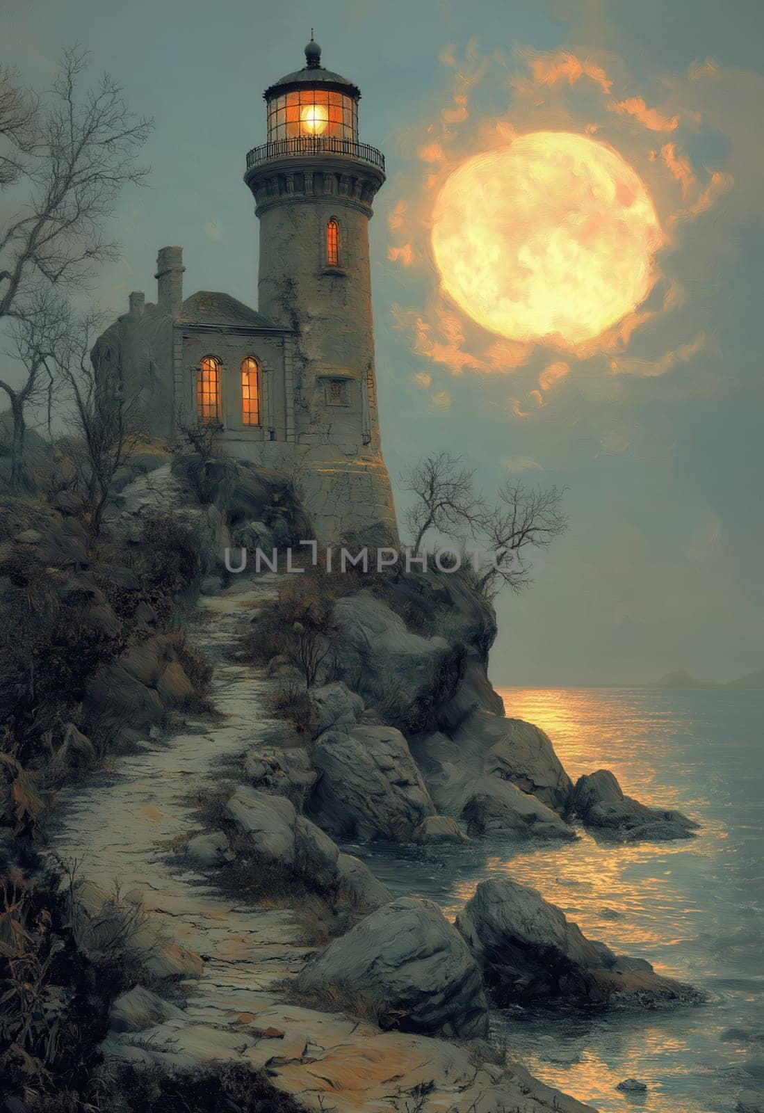 Illustration, lighthouse on a rocky island on a cloudy day. Selective focus.