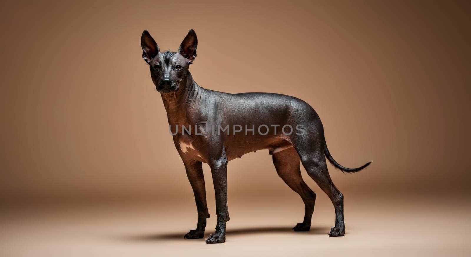 A peruvian hairless dog stands confidently against a neutral backdrop, showcasing its unique features and hairless coat. this breed is recognized for its intelligence, agility, and striking appearance, making it a fascinating subject for canine enthusiasts.