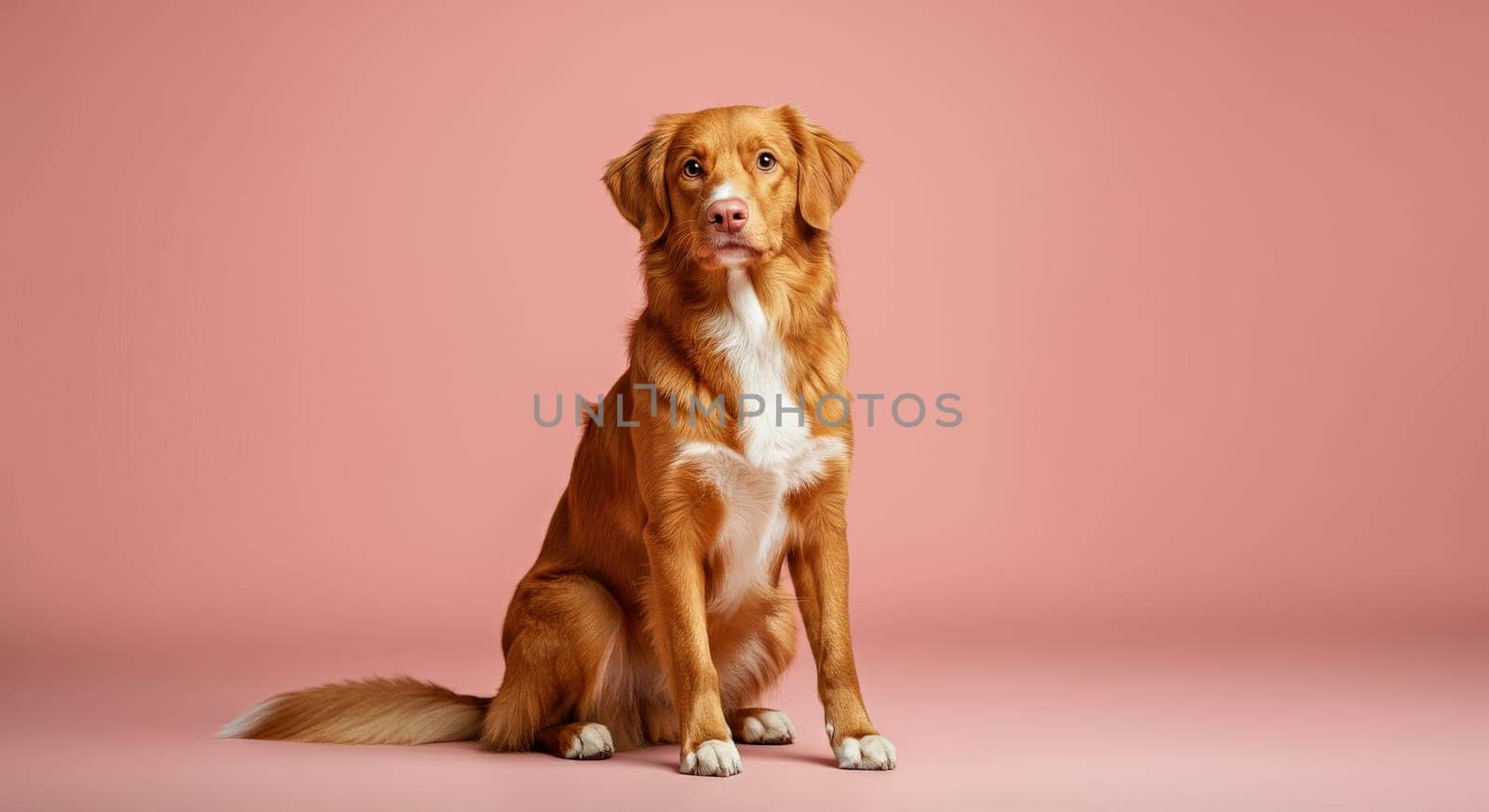 Nova scotia duck tolling retriever dog sitting against a pastel pink background in a well-lit studio setting, showcasing its warm brown fur and white chest markings. the scene highlights the breed's characteristic intelligence and amiable nature.