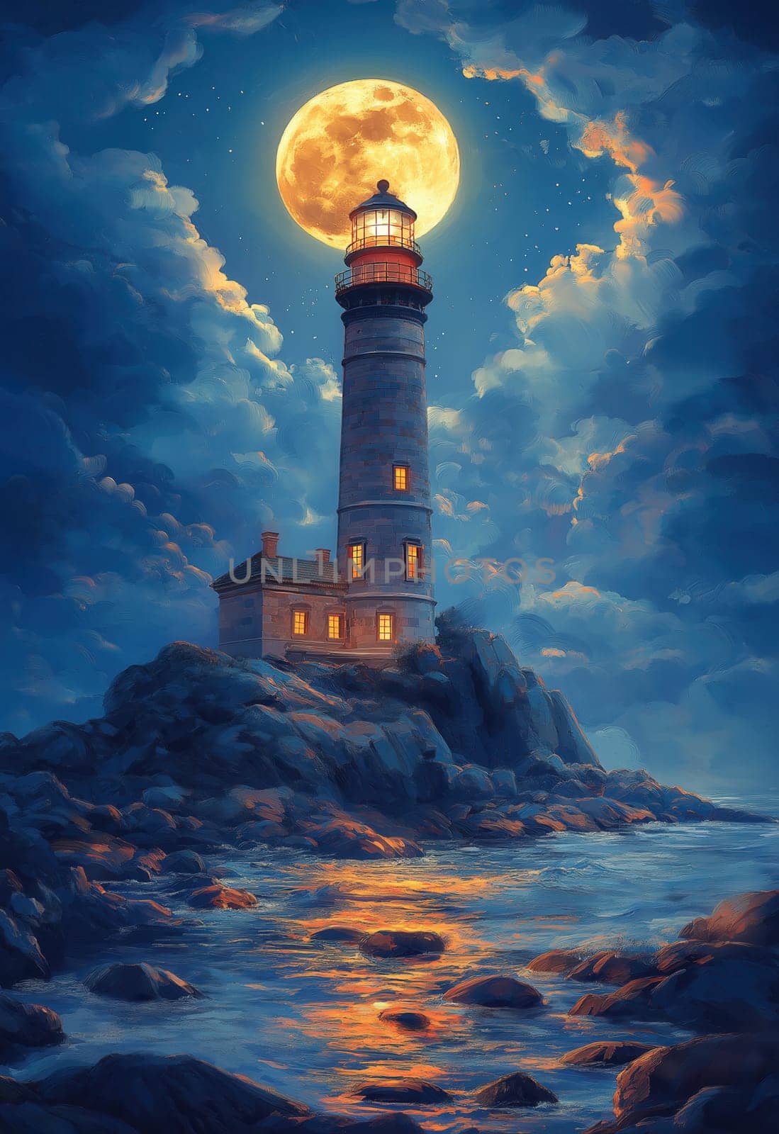Illustration, lighthouse on a rocky island under a full moon. Selective focus.