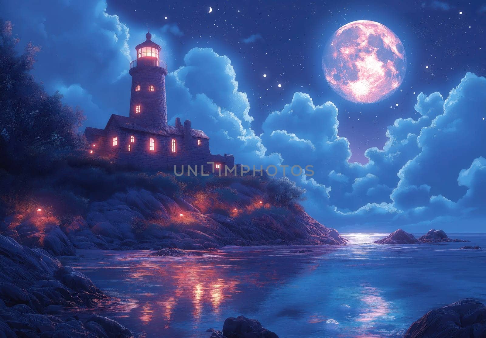 Illustration, lighthouse on a rocky island under a full moon. Selective focus.