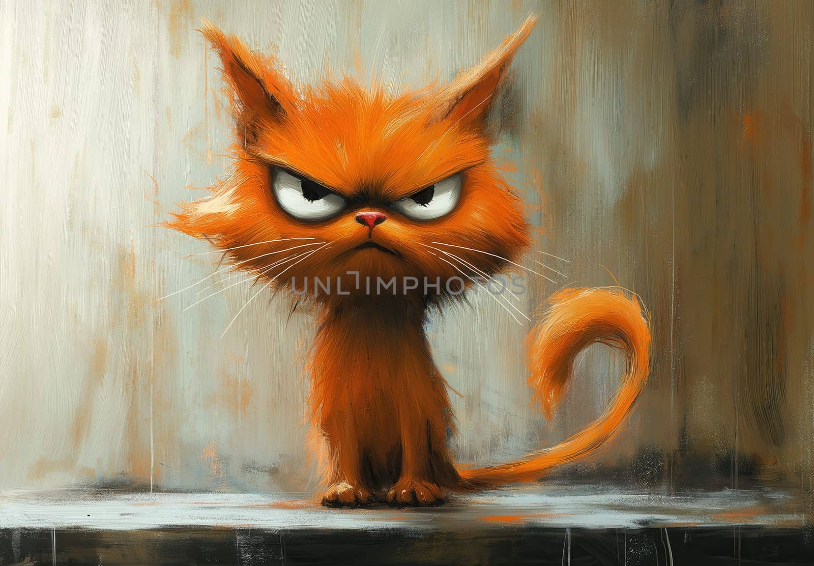 A cartoon dissatisfied ginger cat on an abstract background. Selective focus.