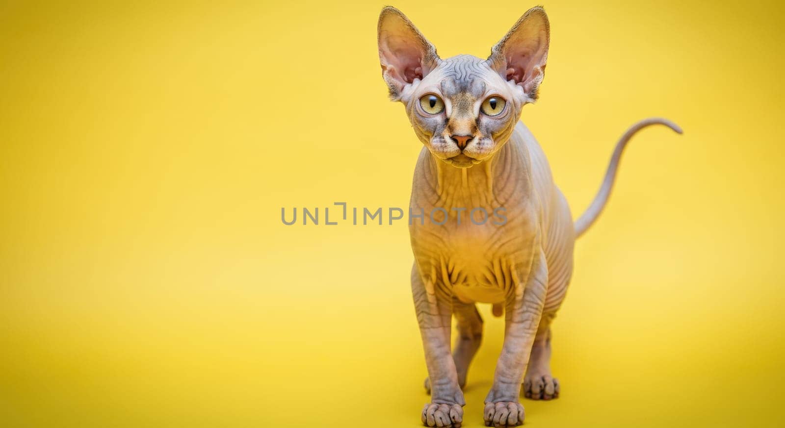 Sphynx cat standing confidently against a bright yellow backdrop. the cat’s striking eyes and unique hairless skin enhance the vivid contrast of the scene, the elegance of this exotic breed.