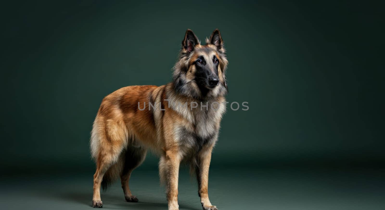 A regal belgian tervuren dog with a lush, flowing coat stands alertly on a dark green background. its focused gaze and poised posture highlight the breed's intelligence and elegance, ideal for pet-themed designs.