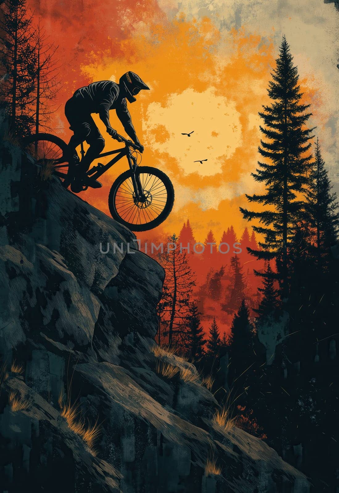 Illustration of rider on mountain bike. Selective focus.