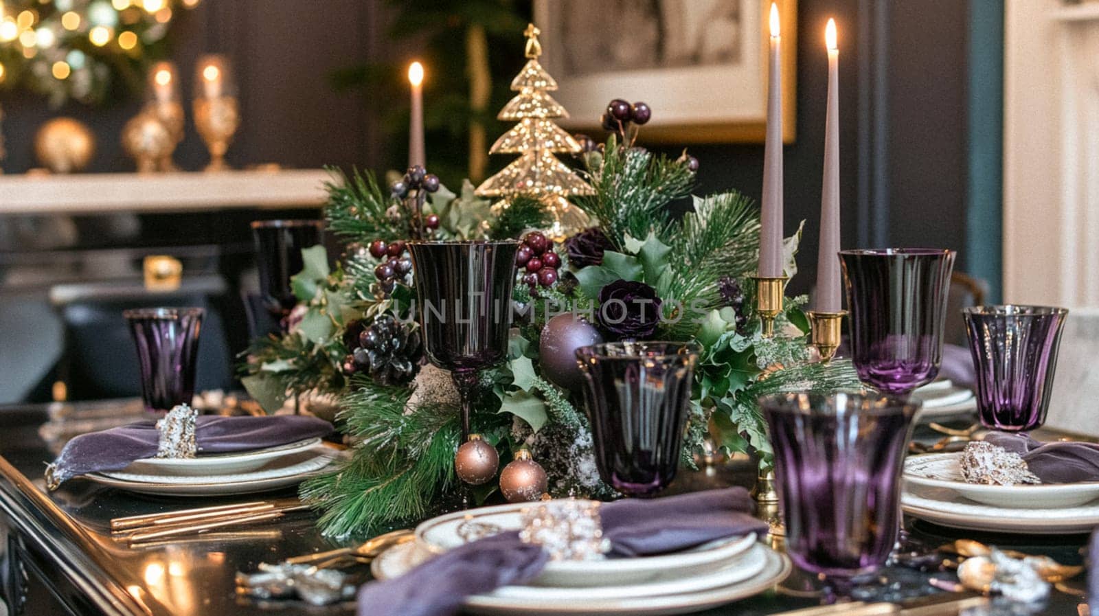 Christmas tablescape decoration, formal family dinner holiday celebration, luxury table setting decor, English country and home style idea