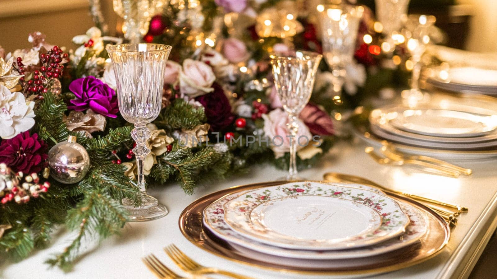 Christmas tablescape decoration, formal family dinner holiday celebration, luxury table setting decor, English country and home style idea