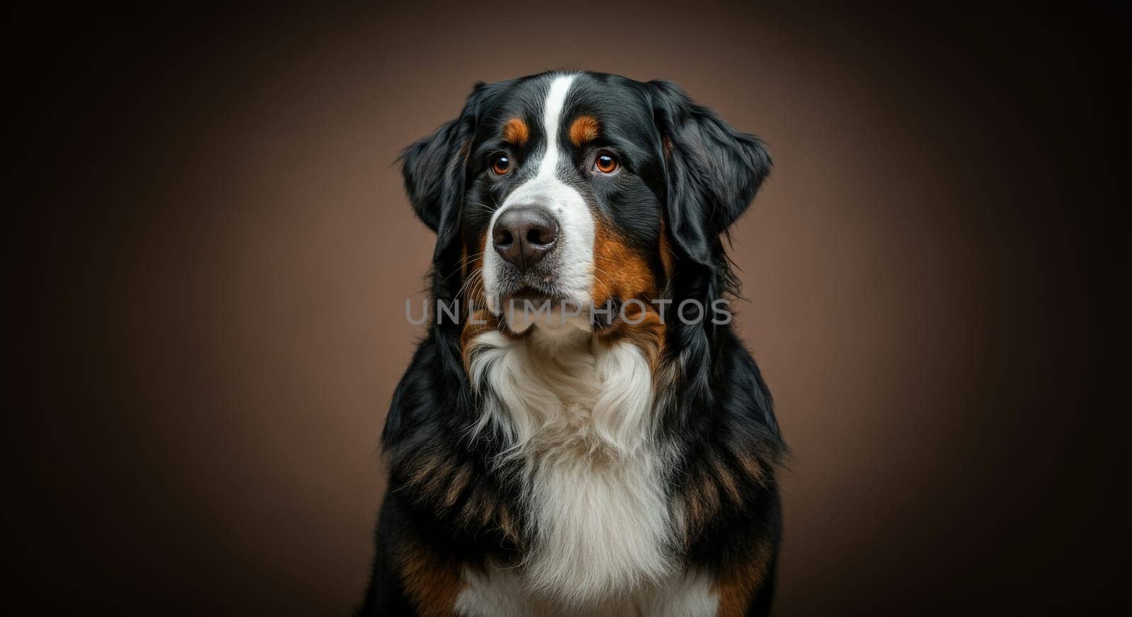 A bernese mountain dog with expressive eyes and a glossy coat sits elegantly against a rich brown background. the dog's tricolor fur beautifully contrasts with the minimalist setting, creating a striking visual focus.