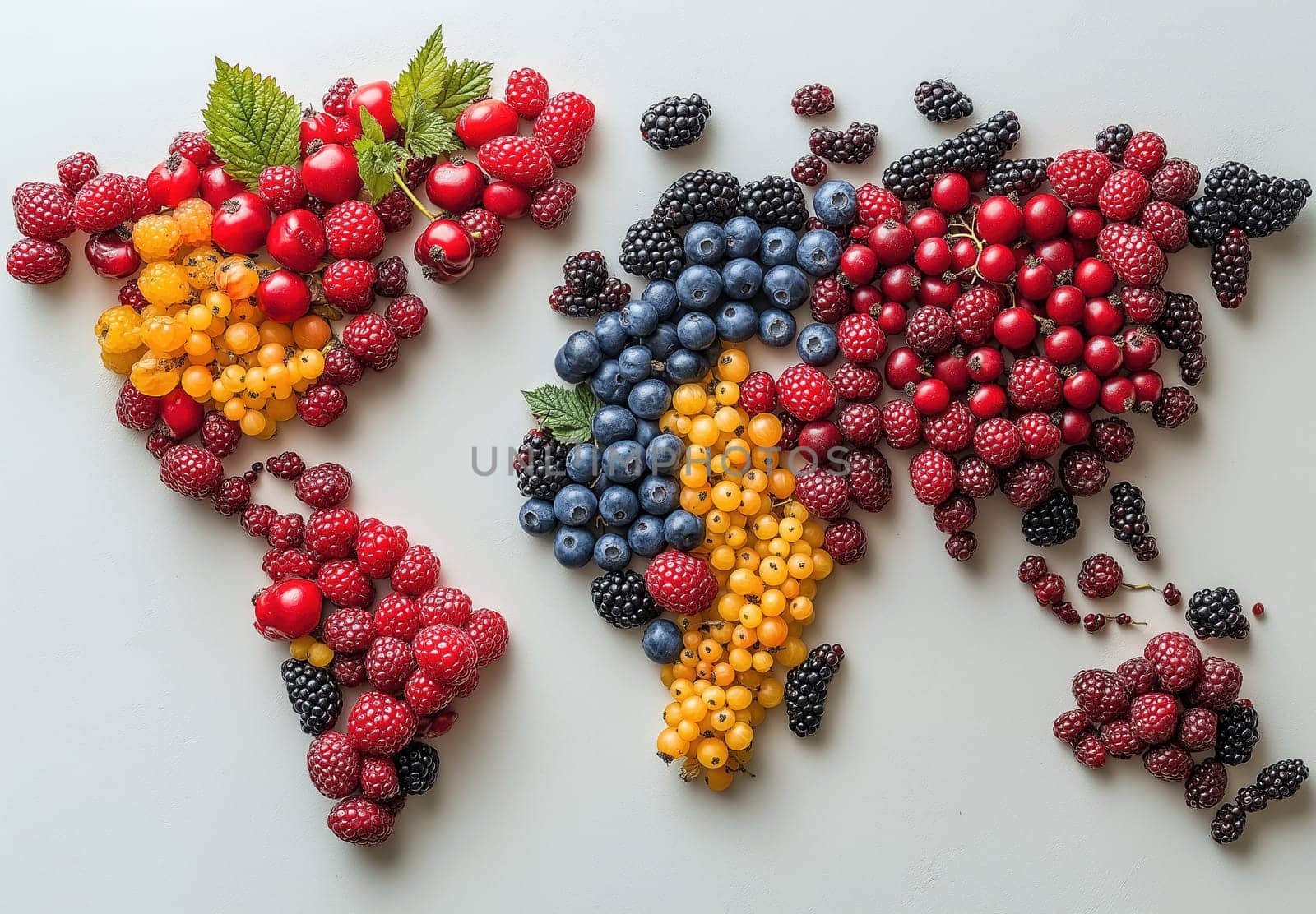 World map laid out of berries on a light background. Selective focus.
