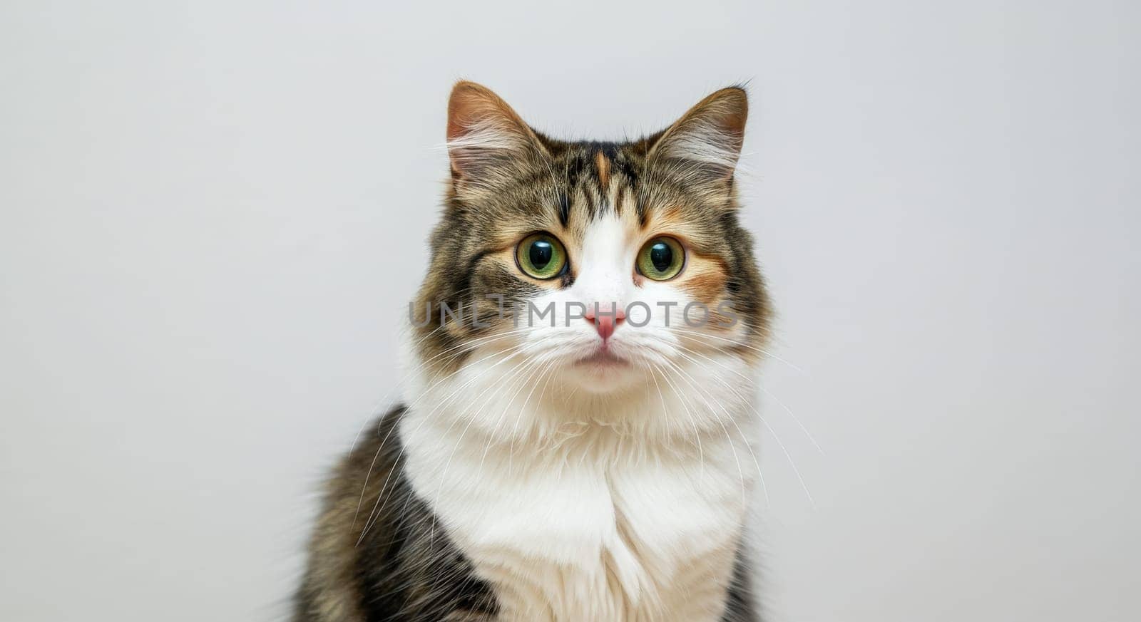 Calico cat with vibrant green eyes and a fluffy coat sits against a clean, minimalist white background. perfect for pet enthusiasts and contemporary home decor, the feline's captivating gaze and soft fur.